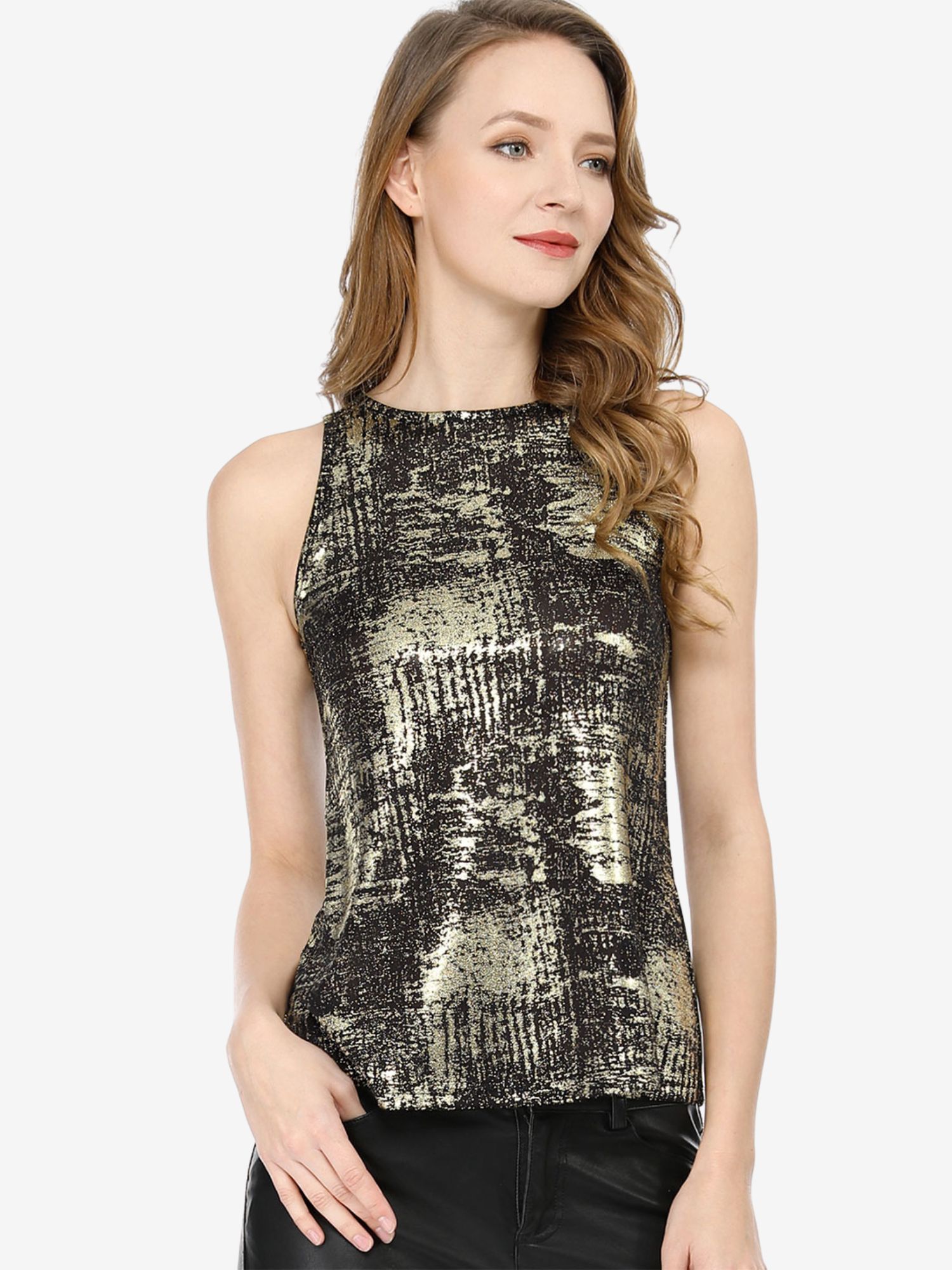 Metallic Sleeveless Shiny Shimmer Party Club Tank Top Black/L - Allegra K catalog