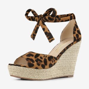 Espadrilles Tie Up Ankle Strap Platform Wedges Sandals Leopard/6 - Allegra K catalog