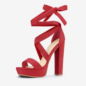 Faux Suede Lace Up Platform Block Heel Sandals Red/9.5 - Allegra K catalog