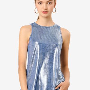 Metallic Sleeveless Shiny Shimmer Party Club Tank Top Blue/L - Allegra K catalog