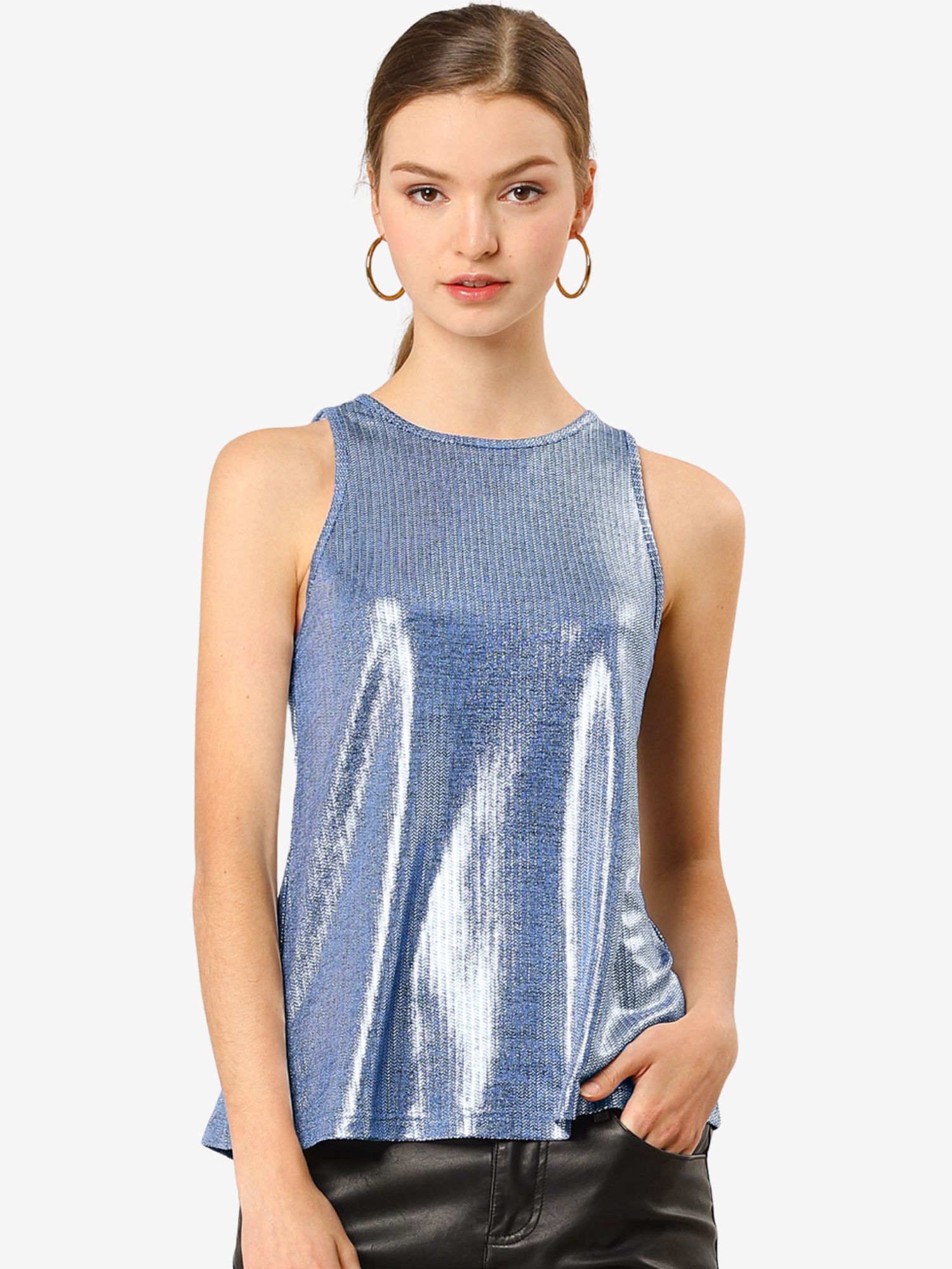 Metallic Sleeveless Shiny Shimmer Party Club Tank Top Blue/L - Allegra K catalog