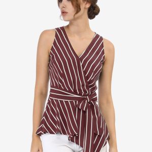 Sleeveless V Neck Tie Waist Asymmetric Hem Wrap Peplum Top Burgundy/XS - Allegra K catalog