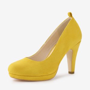 Round Toe Stiletto Heel Ankle Strap PU Leather Pumps Yellow/7 - Allegra K catalog