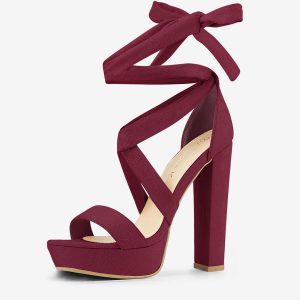 Faux Suede Lace Up Platform Block Heel Sandals Burgundy/10.5 - Allegra K catalog
