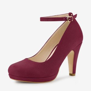 Round Toe Stiletto Heel Ankle Strap PU Leather Pumps Burgundy/6.5 - Allegra K catalog