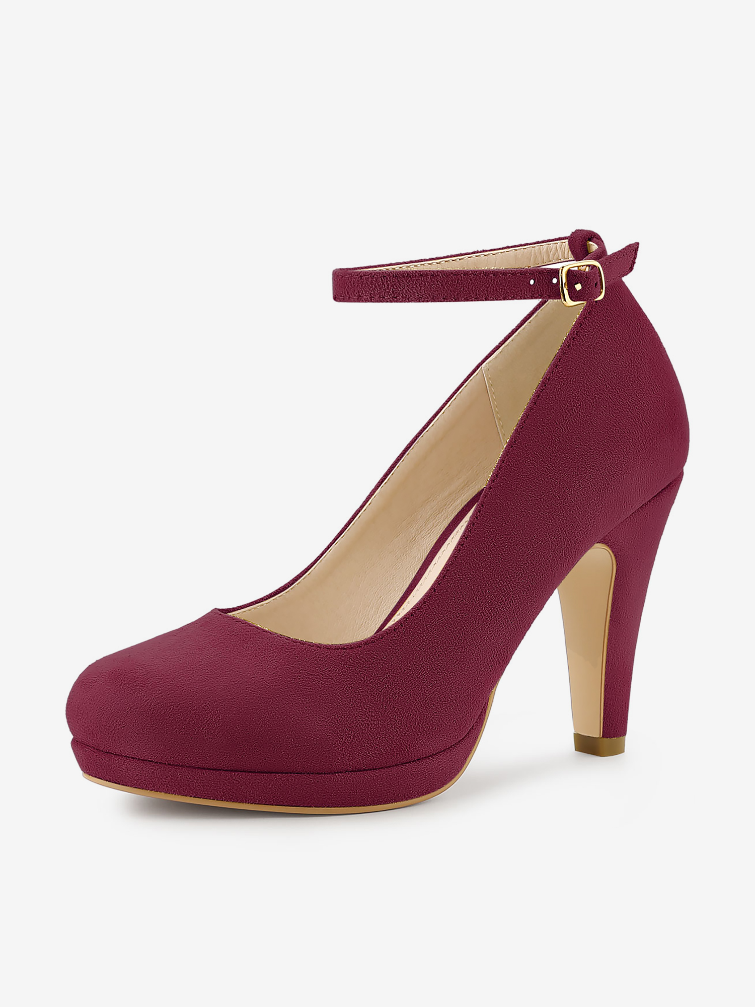 Round Toe Stiletto Heel Ankle Strap PU Leather Pumps Burgundy/7 - Allegra K catalog