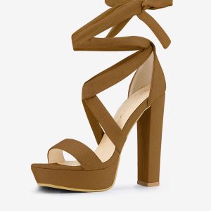 Faux Suede Lace Up Platform Block Heel Sandals Brown/7 - Allegra K catalog
