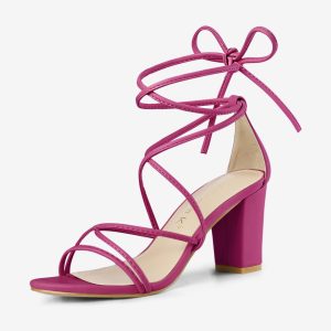 Strappy Strap Lace Up Mid Chunky Heel Sandals Hot Pink/7 - Allegra K catalog