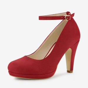 Round Toe Stiletto Heel Ankle Strap PU Leather Pumps Red/6.5 - Allegra K catalog
