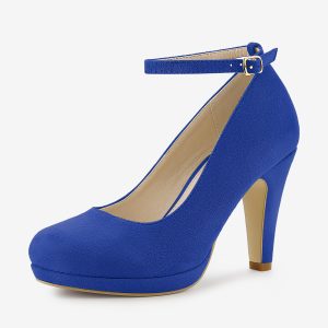 Round Toe Stiletto Heel Ankle Strap PU Leather Pumps Dark Blue/6 - Allegra K catalog