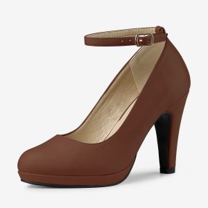 Round Toe Stiletto Heel Ankle Strap PU Leather Pumps Dark Brown/8.5 - Allegra K catalog