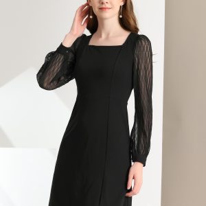 Elegant Mesh Sleeve Split Side A-Line Casual Square Neck Dress Black/XS - Allegra K catalog