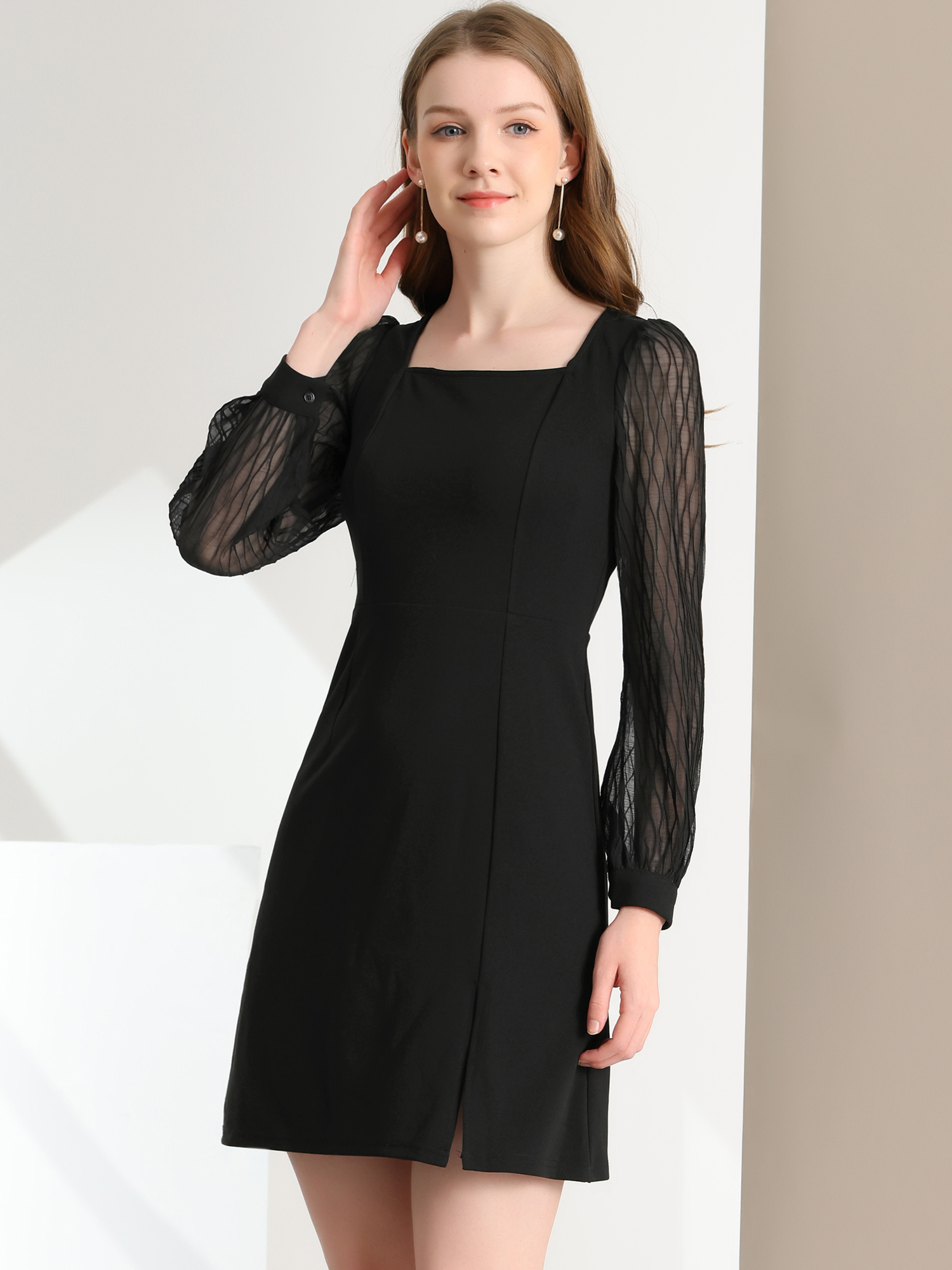 Elegant Mesh Sleeve Split Side A-Line Casual Square Neck Dress Black/XS - Allegra K catalog