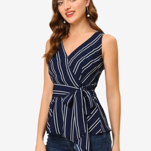 Sleeveless V Neck Tie Waist Asymmetric Hem Wrap Peplum Top Dark Blue/XS - Allegra K catalog