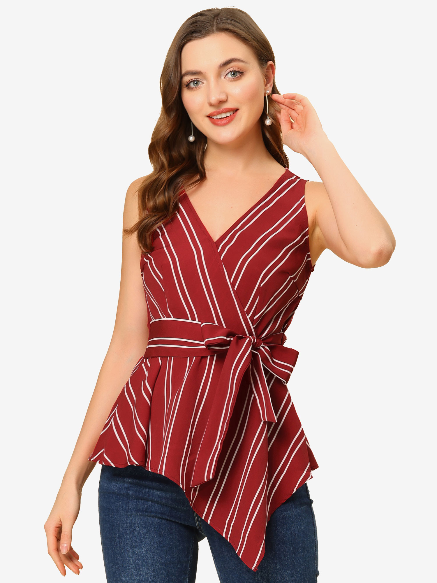 Sleeveless V Neck Tie Waist Asymmetric Hem Wrap Peplum Top Red/XS - Allegra K catalog