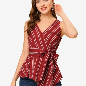 Sleeveless V Neck Tie Waist Asymmetric Hem Wrap Peplum Top Red/S - Allegra K catalog