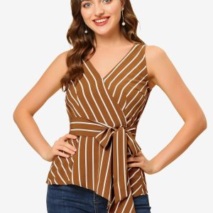 Sleeveless V Neck Tie Waist Asymmetric Hem Wrap Peplum Top Brown/S - Allegra K catalog