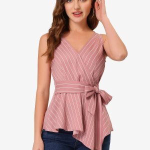Sleeveless V Neck Tie Waist Asymmetric Hem Wrap Peplum Top Pink/M - Allegra K catalog