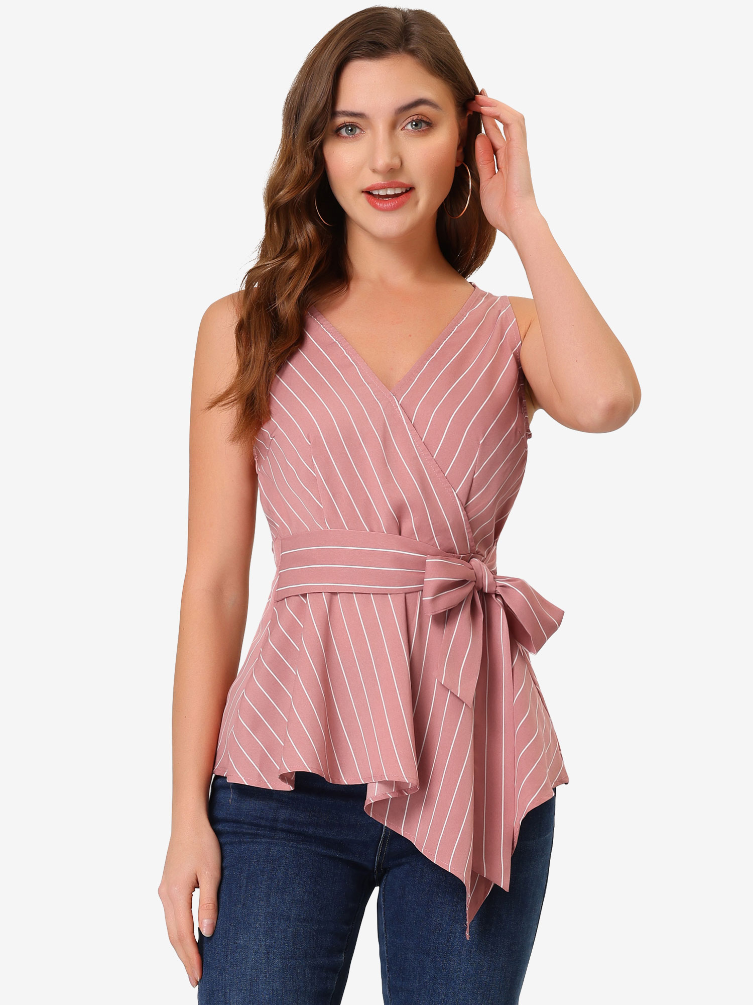 Sleeveless V Neck Tie Waist Asymmetric Hem Wrap Peplum Top Pink/XL - Allegra K catalog