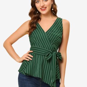 Sleeveless V Neck Tie Waist Asymmetric Hem Wrap Peplum Top Dark Green/S - Allegra K catalog