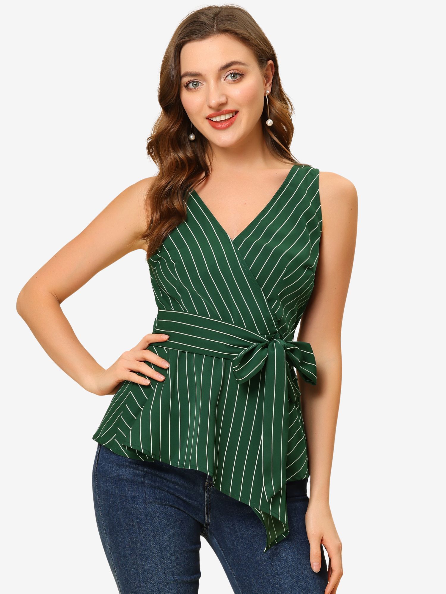 Sleeveless V Neck Tie Waist Asymmetric Hem Wrap Peplum Top Dark Green/S - Allegra K catalog