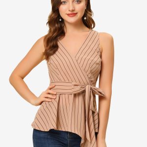 Sleeveless V Neck Tie Waist Asymmetric Hem Wrap Peplum Top Khaki/M - Allegra K catalog