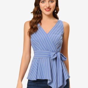 Sleeveless V Neck Tie Waist Asymmetric Hem Wrap Peplum Top Light Blue/XS - Allegra K catalog