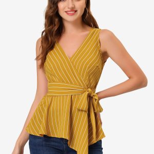 Sleeveless V Neck Tie Waist Asymmetric Hem Wrap Peplum Top Yellow/XS - Allegra K catalog