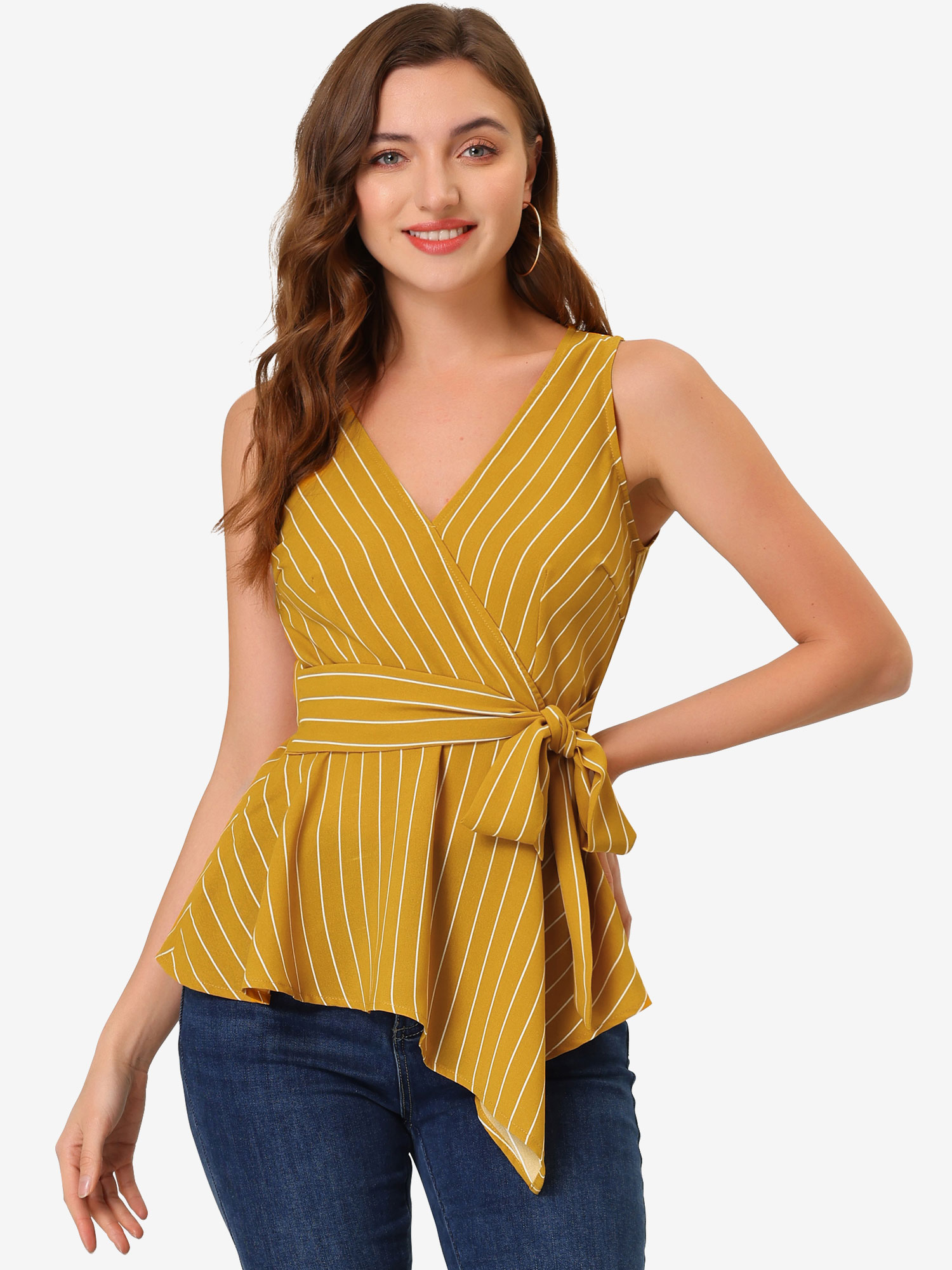 Sleeveless V Neck Tie Waist Asymmetric Hem Wrap Peplum Top Yellow/M - Allegra K catalog