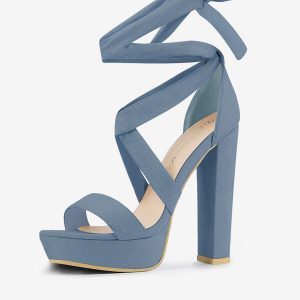 Faux Suede Lace Up Platform Block Heel Sandals Haze Blue/6 - Allegra K catalog