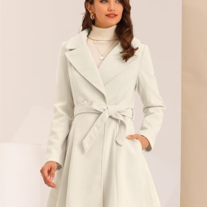 Elegant Overcoat Shawl Collar Single Winter Belted Long Coat Light Apricot/XS - Allegra K catalog