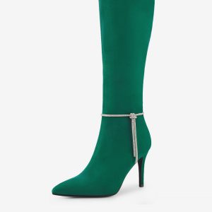 Rhinestone Crystal Chain Pointed Toe Stiletto Heel Knee High Boots Green/9 - Allegra K catalog