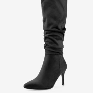 Slouchy Pointed Toe Stiletto Heel Knee Faux Suede High Boots Black/7.5 - Allegra K catalog