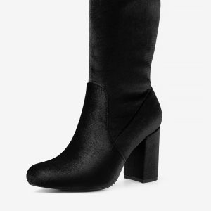 Round Toe Block Heel Foldable Mid Calf Faux Velvet Boots Black/5.5 - Allegra K catalog