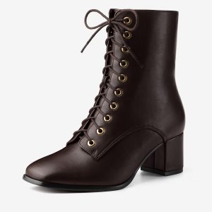 Square Toe Lace Up Chunky Heel Ankle Zipper Combat Boots Coffee/8 - Allegra K catalog