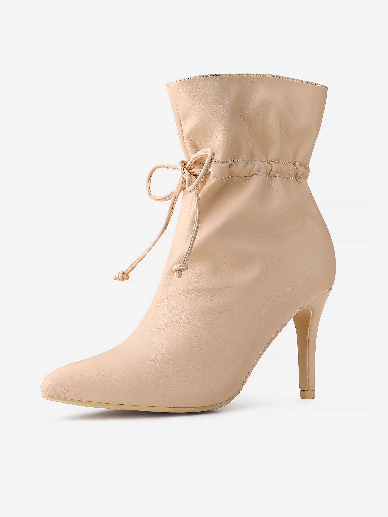 Pointed Toe Drawstring Pull On Stiletto Heel Ankle Boots Beige/6 - Allegra K catalog