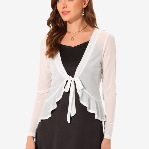 Ruffle Mesh Shrug Long Sleeves Self Tie Bolero Jacket White/XL - Allegra K catalog