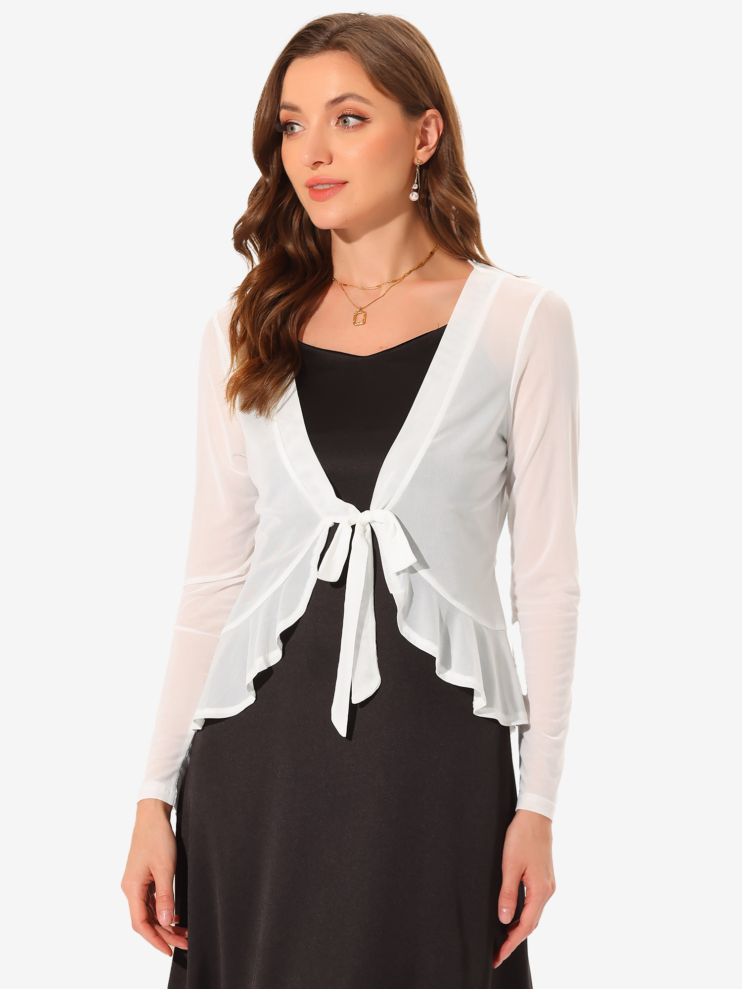 Ruffle Mesh Shrug Long Sleeves Self Tie Bolero Jacket White/XL - Allegra K catalog