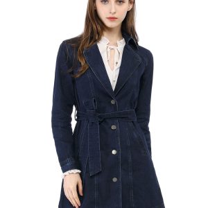 Notched Lapel Belted Trench Long Jean Denim Jacket Dark Blue/XL - Allegra K catalog