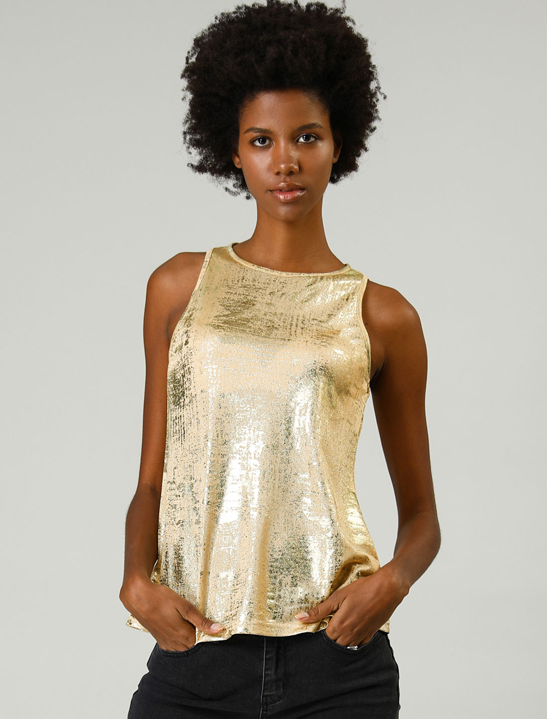 Shiny Sleeveless Camisole Club Shimmer Metallic Tank Top Gold/XS - Allegra K catalog
