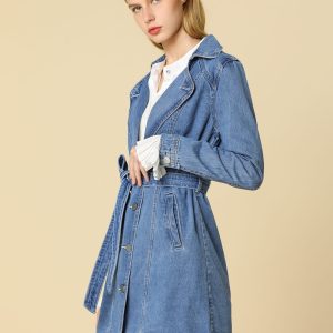 Notched Lapel Belted Trench Long Jean Denim Jacket Light Blue/XL - Allegra K catalog