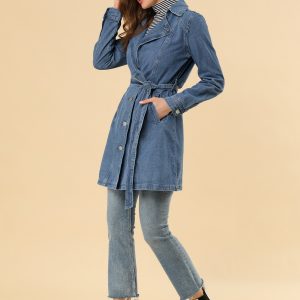 Notched Lapel Belted Trench Long Jean Denim Jacket Sky Blue/XS - Allegra K catalog
