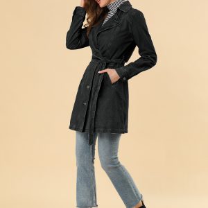 Notched Lapel Belted Trench Long Jean Denim Jacket Black/M - Allegra K catalog