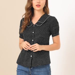 Polka Dot Peter Pan Collar Rockabilly Puff Short Sleeve Shirt Black/XS - Allegra K catalog