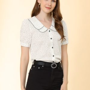 Polka Dot Peter Pan Collar Rockabilly Puff Short Sleeve Shirt White/XL - Allegra K catalog