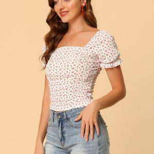 Smocked Crop Top Slim Fit Peasant Floral Blouse White/M - Allegra K catalog