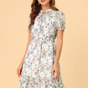 Floral Smocked Tie Neck Puff Sleeve Ruffle Chiffon Tiered Dress White/L - Allegra K catalog