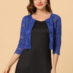 Allegra K Elegant Sheer Floral Lace Cropped Bolero Shrug Dark Blue/XS - Allegra K catalog