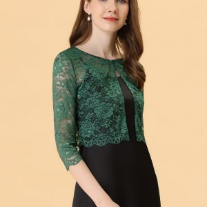 Allegra K Elegant Sheer Floral Lace Cropped Bolero Shrug Dark Green/XS - Allegra K catalog