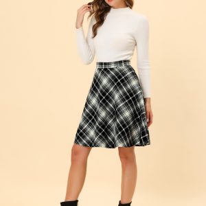 Plaid Tartan Vintage Elastic Waist Knee Length A-Line Skirt Black/L - Allegra K catalog